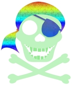 Light green skull and crossbones with dark blue eyepatch and bright rainbow bandanna. Simple colorful pirate skull design for Halloween or anytime.