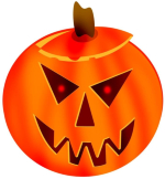 Carved pumpkin jack-o-lantern with fanged grin and two glowing red eyes. Halloween themed design.