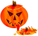 Carved pumpkin jack-o-lantern with fanged grin and glowing red eyes. A sharp red tongue laps up the remains of another pumpkin jack o'lantern. Creepy Halloween design.