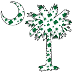 This pocket sized version of the White Clover Pattern Palmetto features a South Carolina palmetto and moon with a green four leaf clover pattern positioned in the pocket area of a t-shirt, sweatshirt, or other clothing item.