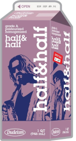 Paying homage to the half&half the Dude buys at the beginning of the film, this design faithfully replicates the Ralphs' packaging, but with images of the Dude and the Stranger on it. Note the expiration date - that's probably the day the Dude bought it.