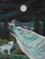Artwork that displays beautiful wolf portraits in various nature scenes.