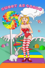 This enchanting image of a cute girl in a bunny outfit walking her pet bunny in a candy-like land is just as sweet as candy!