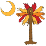 Celebrate Thanksgiving in South Carolina Palmetto Moon style with a Thanksgiving Turkey Palmetto Moon T-Shirt, Sweatshirt, or other gift item. This version features the Turkey Palmetto printed in the pocket area of our apparel items.