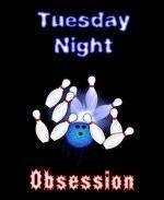 This funny bowling shirt design is for the Tuesday night league bowler. It shows a fast moving bowling ball hitting the strike zone, with the caption: "Tuesday Night Obsession."