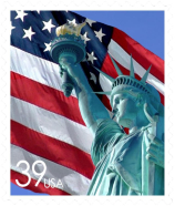 American flag with the Statue of Liberty. Image is made to look like US postage stamp with similar image. Take out your stamp... I think I copied it pretty well. I used my own photography. Many colors and sizes to choose from for adults and children.