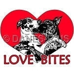Giving Love Bites or making a statement as to the condition of Love? Either way, these pups are sure to bring a smile to many faces. Featuring a harelquin and a merle great dane doin some puppy luvin.