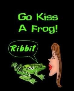 This zany biology shirt design says "Go Kiss A Frog." It shows a pretty lady with voluptuous lips about to plant one on a frog, who's simply saying "Ribbit."