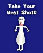 This mocking bowling shirt design shows a comical bowling pin sticking out its tongue. The bowling pin is taunting with the comment: "Take Your Best Shot!"