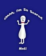 This jeering bowling pin shirt design shows a mocking bowling pin pretending fright to taunt bowlers. The bowling pin is saying "Ohhh, I'm So Scared. Not!"