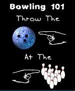 This amusing bowling 101 shirt design shows a hand pointing at a bowling ball, with another hand pointing at bowling pins. The message is a basic lesson in bowling: "Throw the ball at the pins."