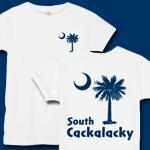 Blue South Cackalacky Palmetto Moon t-shirts, apparel and gifts feature the South Carolina palmetto moon logo in blue on the back and a smaller, matching palmetto moon on the front.