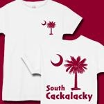 Garnet South Cackalacky Palmetto Moon t-shirts, apparel and gifts feature the South Carolina palmetto moon logo in garnet on the back and a smaller, matching palmetto moon on the front.