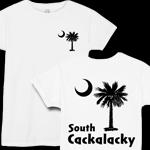 Black South Cackalacky Palmetto Moon t-shirts, apparel and gifts feature the South Carolina palmetto moon logo in black on the back and a smaller, matching palmetto moon on the front.