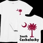Garnet and Black South Cackalacky Palmetto Moon t-shirts, apparel and gifts feature the South Carolina palmetto moon logo in garnet and black on the back and a smaller, matching palmetto moon on the front.