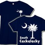 White South Cackalacky Palmetto Moon t-shirts, apparel and gifts feature the South Carolina palmetto moon logo in white on the back and a smaller, matching palmetto moon on the front.