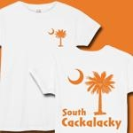 Orange South Cackalacky Palmetto Moon t-shirts, apparel and gifts feature the South Carolina palmetto moon logo in orange on the back and a smaller, matching palmetto moon on the front.