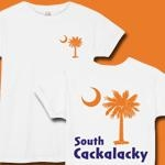 Orange and Purple South Cackalacky Palmetto Moon t-shirts, apparel and gifts feature the South Carolina palmetto moon logo in orange and purple on the back and a smaller, matching palmetto moon on the front.