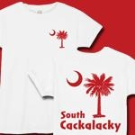 Red South Cackalacky Palmetto Moon t-shirts, apparel and gifts feature the South Carolina palmetto moon logo in red on the back and a smaller, matching palmetto moon on the front.