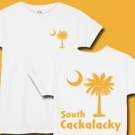 Yellow South Cackalacky Palmetto Moon t-shirts, apparel and gifts feature the South Carolina palmetto moon logo in yellow on the back and a smaller, matching palmetto moon on the front.