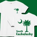 Green South Cackalacky Palmetto Moon t-shirts, apparel and gifts feature the South Carolina palmetto moon logo in green on the back and a smaller, matching palmetto moon on the front.