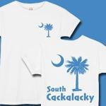 Light Blue South Cackalacky Palmetto Moon t-shirts, apparel and gifts feature the South Carolina palmetto moon logo in light blue on the back and a smaller, matching palmetto moon on the front.