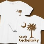 Brown South Cackalacky Palmetto Moon t-shirts, apparel and gifts feature the South Carolina palmetto moon logo in brown on the back and a smaller, matching palmetto moon on the front.