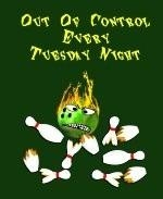 This flaming bowling ball bowling shirt design for the Tuesday night league bowler shows a sinister flaming bowling ball sitting among scattered and broken bowling pins. The caption says: "Out Of Control Every Tuesday Night."