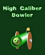 This funny bowling shirt design shows a big cannon with burning fuse, pointing at the viewer. Inside the cannon is a bowling ball ready to be fired. The caption says: "High Caliber Bowler."