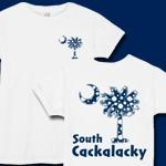 Blue Polka Dots South Cackalacky Deluxe t-shirts, apparel and gifts feature the polka dot South Carolina palmetto moon logo in blue on the back and a smaller, matching palmetto moon on the front.