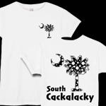 Black Polka Dots South Cackalacky Deluxe t-shirts, apparel and gifts feature the polka dot South Carolina palmetto moon logo in black on the back and a smaller, matching palmetto moon on the front.