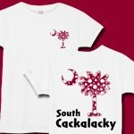 Garnet and Black Polka Dots South Cackalacky Deluxe t-shirts, apparel and gifts feature the polka dot South Carolina palmetto moon logo in garnet and black on the back and a smaller, matching palmetto moon on the front.
