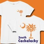 Orange and Purple Polka Dots South Cackalacky Deluxe t-shirts, apparel and gifts feature the polka dot South Carolina palmetto moon logo in orange and purple on the back and a smaller, matching palmetto moon on the front.