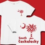 Red Polka Dots South Cackalacky Deluxe t-shirts, apparel and gifts feature the polka dot South Carolina palmetto moon logo in red on the back and a smaller, matching palmetto moon on the front.
