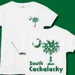 Green Polka Dots South Cackalacky Deluxe t-shirts, apparel and gifts feature the polka dot South Carolina palmetto moon logo in green on the back and a smaller, matching palmetto moon on the front.