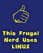 This humorous Linux shirt and coffee mug design says: "This Frugal Nerd Uses Linux." A hand with extended thumb indicates the wearer.
