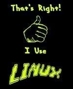 This hilarious computer geek shirt design has a thumb pointing at the wearer, with the caption: "That's Right! I Use LINUX." A badge of courage for any open source computer nerd.