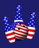 This patriotic bowler shirt design shows bright colored bowling pins and a colorful bowling ball, all wrapped in stars and stripes.