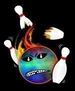 This humorous blazing bowling ball shirt design shows a maniacal bowling ball bringing down a bowling split with gusto, as it leaves broken bowling pins in its wake.