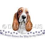 A Basset Knows the Way to My Heart - features a red & white Basset Hound with the text, tiny hearts and a paw print path.