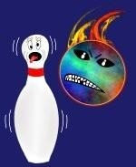 The cartoon bowling pin on this comical bowling shirt shows total terror as the flaming bowling ball races to get a spare.