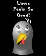 The silly penguin geek on this zany computer shirt or coffee mug shows a very contented expression as it says: "Linux Feels So Good."