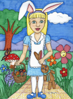 Whether you will be out picking flowers or searching for that special Easter basket, this lovely image of a cute little girl with bunny ears carrying her stuffed bunny is sure to bring a smile.