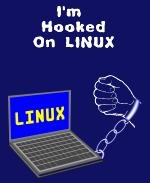 This hilarious Linux fanatic t-shirt and drink ware design says: "I'm Hooked On Linux." It shows a hand and wrist chained to a laptop running Linux.