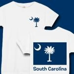 The deluxe Palmetto Moon Flag t-shirt, apparel item or gift features a small palmetto moon in the front pocket area and the South Carolina Flag design on the back.