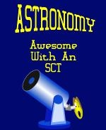 This humorous astronomy t-shirt and mug design shows an awestruck smiley face peering through a big SCT telescope, with the caption: "ASTRONOMY. Awesome With An SCT." Perfect for when you take your Schmidt Cassegrain to the next star party.