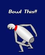 This "in your face" funny bowling design shows a boastful bowling pin pointing to it's rear end as it says: "Bowl This!!"