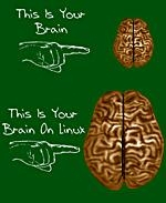 This zany Linux geek shirt and mug design shows a finger pointing at a small brain with the caption: "This Is Your Brain." Then it shows a finger pointing at a large brain with the caption: "This Is Your Brain On Linux."