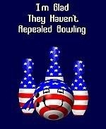 This witty patriotic bowling shirt design merges a bit of politics with the favorite sport of bowling. It shows ball and pins colored in stars and stripes, and says: "I'm Glad They Haven't Repealed Bowling."