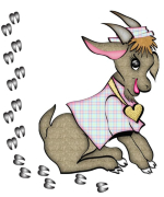 Hoof prints leading up to this cute girl goat- hoof prints on the back too. She has on a pink plaid shirt, with matching hat and a gold heart necklace.